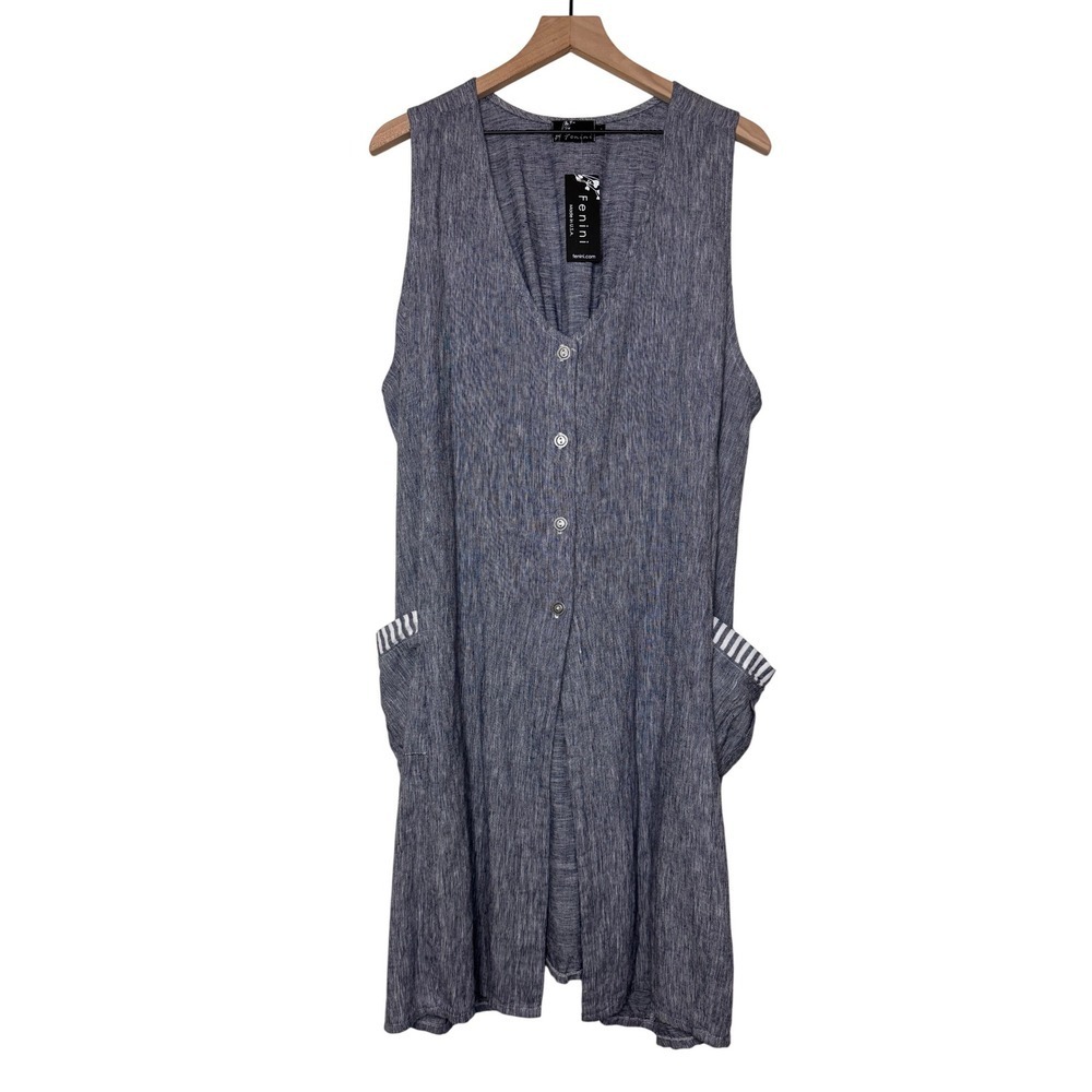 NWT Fenini Tunic Women L‎ Blue Sleeveless Button Front Tie Back Lagenlook Linen